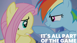 Size: 1920x1080 | Tagged: safe, edit, edited screencap, editor:quoterific, screencap, fluttershy, rainbow dash, pegasus, pony, g4, games ponies play, season 3, eye contact, female, flying, looking at each other, mare, smiling