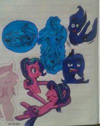 Size: 640x810 | Tagged: safe, artist:karadeg, idw, princess luna, starlight glimmer, alicorn, pony, unicorn, g4, my little pony: legends of magic, spoiler:comic, comic, lined paper, traditional art, young luna