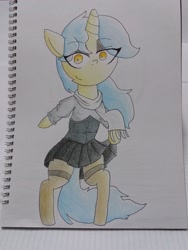 Size: 1548x2064 | Tagged: safe, artist:cherro, oc, oc only, oc:viewing pleasure, pony, unicorn, bipedal, clothes, eyeshadow, female, goth, makeup, scarf, shirt, skirt, skirt lift, solo, traditional art