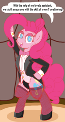 Size: 1879x3498 | Tagged: safe, artist:legendoflink, part of a set, pinkie pie, earth pony, pony, g4, bipedal, bowtie, circus, clothes, dialogue, female, fishnet stockings, magician outfit, on hind legs, simple background, sketch, solo, standing up, tent