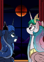 Size: 2171x3070 | Tagged: safe, artist:pony-berserker, princess celestia, princess luna, alicorn, pony, g4, blood moon, duo, eclipse, female, full moon, high res, lunar eclipse, mare, moon, royal sisters, siblings, sisters, window