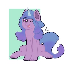 Size: 2000x2000 | Tagged: safe, artist:arthu, izzy moonbow, pony, unicorn, g5, eyebrows, eyebrows visible through hair, female, heart eyes, high res, horn, mare, one eye closed, open mouth, open smile, sitting, smiling, solo, unshorn fetlocks, wingding eyes