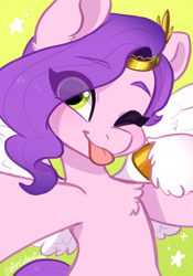 Size: 1260x1796 | Tagged: safe, alternate version, artist:oofycolorful, pipp petals, pegasus, pony, g5, :p, adorapipp, chest fluff, cute, eye clipping through hair, one eye closed, selfie, tongue out