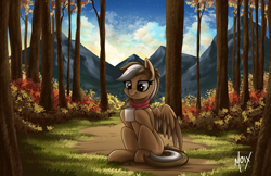 Size: 5100x3300 | Tagged: safe, artist:supermoix, oc, oc only, oc:zugatti, pegasus, pony, autumn, beautiful, bush, clothes, cloud, coffee, commission, cottagecore, cute, dawn, forest, grass, hoof hold, lidded eyes, mountain, mug, outdoors, scarf, scenery, signature, sitting, sky, smiling, solo, spread wings, stars, steam, tree, wings