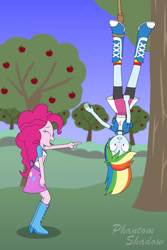 Size: 730x1095 | Tagged: safe, artist:phantomshadow051, pinkie pie, rainbow dash, equestria girls, g4, boots, bracelet, clothes, collar, female, hanging, holding skirt, jewelry, laughing, pointing, rainbow socks, rope, shirt, shoes, skirt, socks, striped socks, t-shirt, teenager, tree, upside down, vest, wristband