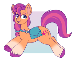 Size: 641x547 | Tagged: safe, artist:lulubell, sunny starscout, earth pony, pony, g5, bag, braid, colored hooves, open mouth, pin, simple background, smiling, solo, unshorn fetlocks