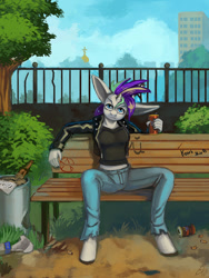 Size: 900x1200 | Tagged: safe, artist:lexx2dot0, rarity, unicorn, anthro, unguligrade anthro, g4, alternate hairstyle, bench, big ears, can, cigarette, clothes, cyrillic, female, jacket, jeans, leather jacket, pants, punk, raripunk, russian, solo, spread legs, spreading