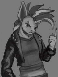 Size: 900x1200 | Tagged: safe, artist:lexx2dot0, rarity, unicorn, anthro, g4, alternate hairstyle, angry, clothes, female, grayscale, jacket, leather jacket, monochrome, pointing, punk, raripunk, solo