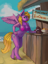 Size: 901x1200 | Tagged: safe, artist:lexx2dot0, oc, oc only, oc:airily gale, pegasus, anthro, unguligrade anthro, beach, bikini, breasts, clothes, coconut, coconut cup, drinking straw, female, food, hand on hip, sexy, solo, swimsuit