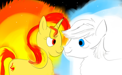 Size: 2600x1600 | Tagged: safe, artist:horsesplease, double diamond, sunset shimmer, earth pony, pony, unicorn, g4, catasterism, doubleset, female, fiery shimmer, fire, glowing, lidded eyes, looking at each other, male, night, night sky, red eyes, shipping, sky, smiling, stars, straight, sun, sunshine shimmer