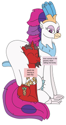 Size: 1739x3264 | Tagged: safe, alternate version, artist:supahdonarudo, derpibooru exclusive, queen novo, oc, oc:ironyoshi, classical hippogriff, hippogriff, unicorn, my little pony: the movie, hug, meme, ponified meme, reference, sitting, snuggling, text, text box, winghug, wings