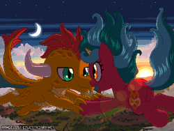 Size: 800x600 | Tagged: safe, artist:rangelost, oc, oc only, dragon, pony, unicorn, crescent moon, dragon horns, dragon oc, duo, eye contact, face to face, falling, freefall, green eyes, holding hands, holding hooves, horn, horns, lens flare, looking at each other, moon, multicolored mane, multicolored tail, open mouth, orange eyes, pixelated, raised tail, scales, spread wings, stars, sun, sunset, tail, tree, unicorn oc, windswept mane, windswept tail, wings