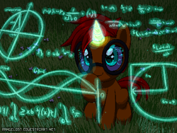 Size: 800x600 | Tagged: safe, artist:rangelost, oc, oc only, oc:pilicious, pony, unicorn, glasses, glowing, glowing horn, grass, horn, math, pixel art, sitting, solo, unicorn oc