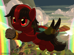 Size: 800x600 | Tagged: safe, artist:rangelost, oc, oc only, oc:zero, pegasus, pony, clothes, cloud, commission, flight suit, flying, liquid rainbow, looking at something, multicolored mane, pegasus oc, pixelated, rainbow, rainbow falls (location), rainbow waterfall, red eyes, river, solo, spread wings, wings