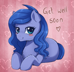 Size: 961x934 | Tagged: safe, artist:evomanaphy, oc, oc only, oc:shadow blue, earth pony, pony, blush sticker, blushing, earth pony oc, female, get well soon, looking at you, lying down, mare, prone, smiling, smiling at you, solo