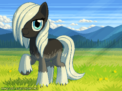 Size: 800x600 | Tagged: safe, artist:rangelost, oc, oc only, earth pony, pony, female, grass, grass field, hair over one eye, looking at you, mountain, pixel art, scenery, solo