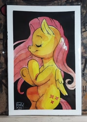 Size: 1833x2555 | Tagged: safe, artist:raph13th, fluttershy, pegasus, pony, g4, eyes closed, female, folded wings, high res, mare, profile, smiling, solo, traditional art, watercolor painting, wings