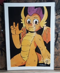 Size: 1876x2283 | Tagged: safe, artist:raph13th, smolder, dragon, g4, dragoness, female, looking at you, smiling, solo, spread wings, traditional art, watercolor painting, waving, wings