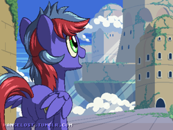 Size: 800x600 | Tagged: safe, artist:rangelost, oc, oc only, oc:moon burst, pegasus, pony, building, city, cityscape, cloud, crepuscular rays, green eyes, moss, multicolored mane, multicolored tail, open mouth, overgrown, pegasus oc, pixelated, rear view, spread wings, tail, wings