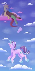 Size: 1890x3780 | Tagged: safe, artist:bl0ssombunny, discord, starlight glimmer, draconequus, pony, unicorn, g4, cloud, cotton candy, cotton candy cloud, cutie mark, duo, eyes closed, female, floating, food, high res, horn, levitation, looking down, lying down, magic, male, mare, on a cloud, self-levitation, sky, smiling, telekinesis