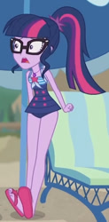 Size: 702x1423 | Tagged: safe, screencap, sci-twi, twilight sparkle, equestria girls, equestria girls series, friendship math, g4, bare shoulders, beach, clothes, cropped, female, glasses, one-piece swimsuit, open mouth, sandals, shocked, sleeveless, solo, swimsuit