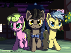 Size: 800x600 | Tagged: safe, artist:rangelost, daisy, eleventh hour, flower wishes, goldengrape, sir colton vines iii, earth pony, pony, g4, bowtie, doctor who, eleventh doctor, female, male, mare, night, pixel art, police box, stallion, stars, tardis, trio