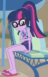 Size: 933x1504 | Tagged: safe, screencap, sci-twi, twilight sparkle, equestria girls, friendship math, g4, my little pony equestria girls: better together, bare shoulders, beach, clothes, cropped, female, glasses, one-piece swimsuit, sandals, sitting, sleeveless, solo, swimsuit