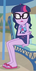 Size: 740x1442 | Tagged: safe, screencap, sci-twi, twilight sparkle, equestria girls, equestria girls series, friendship math, g4, arm rub, bare shoulders, clothes, cropped, female, glasses, one-piece swimsuit, open mouth, sandals, shrunken pupils, sitting, sleeveless, solo, surprised, swimsuit
