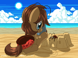 Size: 800x600 | Tagged: safe, artist:rangelost, oc, oc only, oc:general scuttles, bug pony, insect, pony, beach, sandcastle, solo