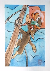 Size: 1466x2060 | Tagged: safe, artist:raph13th, shanty (tfh), goat, them's fightin' herds, 2021, beard, cloven hooves, community related, facial hair, flag, rectangular pupil, solo, traditional art, watercolor painting