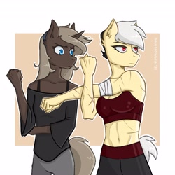 Size: 4096x4096 | Tagged: safe, artist:shallowwin, oc, oc:note clip, oc:parch well, earth pony, unicorn, anthro, abs, breasts, clothes, midriff, scar, sports bra, tomboy