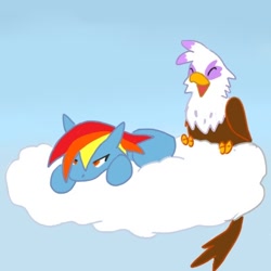 Size: 400x400 | Tagged: safe, artist:kushina13, gilda, rainbow dash, griffon, pegasus, pony, g4, butt, cloud, duo, eyes closed, female, folded wings, gradient background, laughing, lying down, lying on a cloud, mare, on a cloud, open mouth, open smile, plot, sky, smiling, tail, wings
