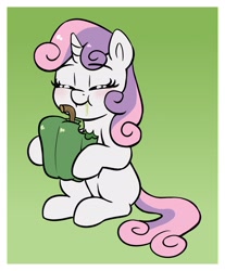 Size: 1600x1932 | Tagged: safe, artist:heretichesh, sweetie belle, pony, unicorn, g4, bell pepper, blank flank, blushing, cute, diasweetes, eating, eyes closed, female, filly, food, gradient background, herbivore, hoof hold, name pun, pepper, solo