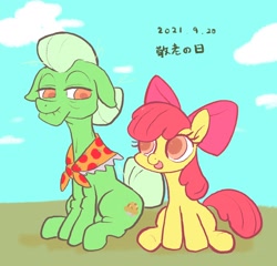 Size: 2200x2108 | Tagged: safe, artist:noupu, apple bloom, granny smith, earth pony, pony, g4, colored pupils, duo, female, filly, grandmother and grandchild, high res, looking at each other, mare, sitting