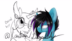 Size: 2560x1440 | Tagged: safe, artist:fantisai, oc, pony, unicorn, :p, bust, collaboration, duo, female, glasses, horn, mare, one eye closed, partial color, simple background, smiling, tongue out, unamused, unicorn oc, white background, wink