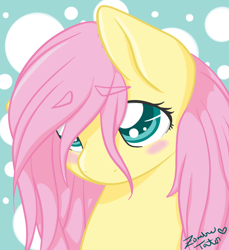Size: 1100x1200 | Tagged: safe, artist:zombietator, fluttershy, pegasus, pony, g4, blushing, bust, cute, daaaaaaaaaaaw, eyebrows, eyebrows visible through hair, eyelashes, female, mare, polka dot background, portrait, shyabetes, signature, smiling, solo, stray strand, three quarter view