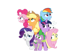 Size: 1431x999 | Tagged: safe, angel bunny, applejack, fluttershy, pinkie pie, rainbow dash, rarity, spike, twilight sparkle, alicorn, dragon, earth pony, pegasus, pony, unicorn, castle mane-ia, g4, gritted teeth, mane seven, mane six, scared, scaredy dash, simple background, transparent background, twilight sparkle (alicorn), vector