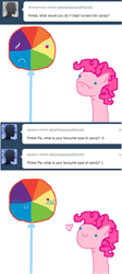 Size: 500x1121 | Tagged: safe, artist:askpinkiepieandfriends, pinkie pie, rainbow dash, earth pony, pony, g4, ask, candy, comic, female, floating heart, food, food transformation, frown, heart, inanimate tf, lesbian, lollipop, looking at each other, mare, ship:pinkiedash, shipping, simple background, smiling, smiling at each other, transformation, tumblr, white background