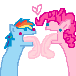 Size: 250x250 | Tagged: safe, artist:askpinkiepieandfriends, pinkie pie, rainbow dash, earth pony, pegasus, pony, g4, 1000 hours in ms paint, female, floating heart, heart, kissing, lesbian, long tongue, majestic as fuck, mare, ship:pinkiedash, shipping, silly, simple background, tongue out, tongue to tongue, white background