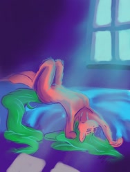 Size: 1536x2048 | Tagged: safe, artist:fluffsplosion, fluffy pony, anthro, anthro fluffy, limited palette, reclining, solo