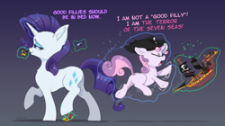 Size: 3988x2236 | Tagged: safe, artist:xbi, rarity, sweetie belle, pony, unicorn, g4, bedtime, best sisters, cannon, cute, diasweetes, duo, duo female, female, filly, flailing, glowing, glowing horn, gradient background, hat, high res, hoofy-kicks, horn, imminent pain, lego, levitation, magic, mare, moments before disaster, pirate, pirate hat, pirate ship, pure unfiltered evil, ship, stepping on a lego, tabun art-battle finished after, telekinesis, this will end in pain, this will not end well, toy