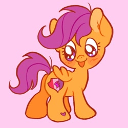 Size: 2048x2048 | Tagged: safe, artist:alexbeeza, scootaloo, pegasus, pony, g4, blushing, butt, cute, cutealoo, female, filly, foal, happy, heart, high res, looking at butt, looking at cutie mark, looking back, open mouth, pink background, plot, scootabutt, shiny eyes, simple background, smiling, solo