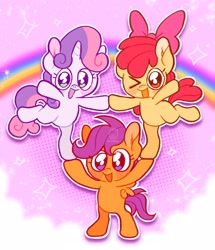 Size: 1758x2048 | Tagged: safe, artist:alexbeeza, apple bloom, scootaloo, sweetie belle, earth pony, pegasus, pony, unicorn, flight to the finish, g4, bipedal, blushing, cloud, cutie mark crusaders, female, filly, foal, happy, looking at you, one eye closed, open mouth, pony pile, pony pyramid, pose, rainbow, smiling, sparkles, tower of pony, trio, wink