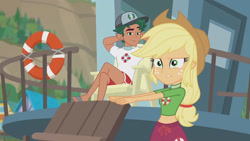 Size: 3410x1920 | Tagged: safe, screencap, applejack, timber spruce, equestria girls, g4, my little pony equestria girls: better together, turf war, ankles, applejack's hat, beach, belly button, cowboy hat, female, hat, high res, jewelry, lifeguard applejack, lifeguard timber, male, necklace