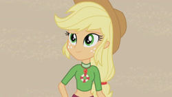 Size: 3410x1920 | Tagged: safe, screencap, applejack, equestria girls, g4, my little pony equestria girls: better together, turf war, applejack's hat, beach, belly button, cowboy hat, female, geode of super strength, hat, high res, jewelry, lifeguard applejack, magical geodes, necklace, smiling, solo