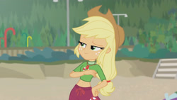 Size: 3410x1920 | Tagged: safe, screencap, applejack, equestria girls, g4, my little pony equestria girls: better together, turf war, applejack's hat, beach, belly button, clothes, cowboy hat, female, geode of super strength, hand on hip, hat, high res, jewelry, lifeguard applejack, lifeguard wetsuit top, magical geodes, midriff, necklace, shorts, smiling, solo, that's not in my way