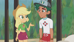Size: 3410x1920 | Tagged: safe, screencap, applejack, timber spruce, equestria girls, g4, my little pony equestria girls: better together, turf war, :o, applejack's hat, beach, belly button, cowboy hat, female, geode of super strength, hat, high res, jewelry, lifeguard applejack, lifeguard timber, magical geodes, male, necklace, open mouth, smiling