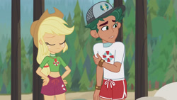 Size: 3410x1920 | Tagged: safe, screencap, applejack, timber spruce, equestria girls, g4, my little pony equestria girls: better together, turf war, applejack's hat, beach, belly button, cowboy hat, eyes closed, female, geode of super strength, hand on hip, hat, high res, jewelry, lifeguard applejack, lifeguard timber, magical geodes, male, necklace, smiling