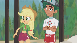 Size: 3410x1920 | Tagged: safe, screencap, applejack, timber spruce, equestria girls, g4, my little pony equestria girls: better together, turf war, applejack's hat, beach, belly button, cowboy hat, crossed arms, female, geode of super strength, hat, high res, jewelry, lifeguard applejack, lifeguard timber, magical geodes, male, necklace, open mouth