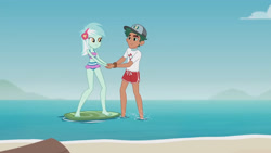 Size: 3410x1920 | Tagged: safe, screencap, lyra heartstrings, timber spruce, equestria girls, g4, my little pony equestria girls: better together, turf war, beach, belly button, female, high res, lifeguard timber, male, sleeveless, smiling, surfboard, timberstrings